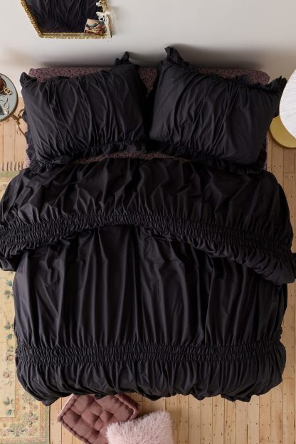 Prairie Ruched Cotton Percale Duvet Cover - Charcoal