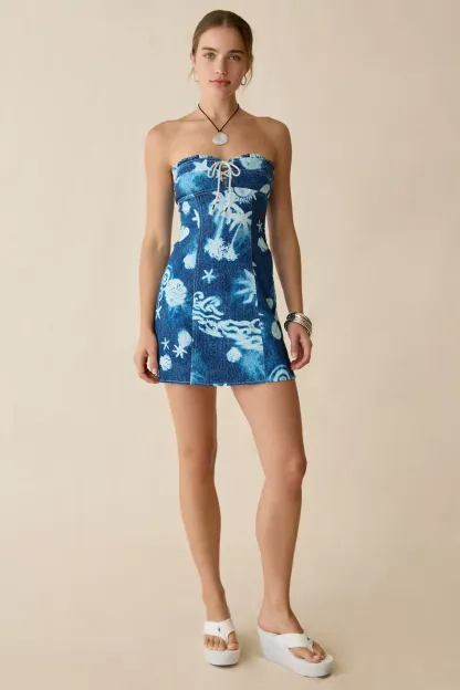 BDG Surfs Up Lace-Up Strapless Denim Mini Dress - Blue Multi