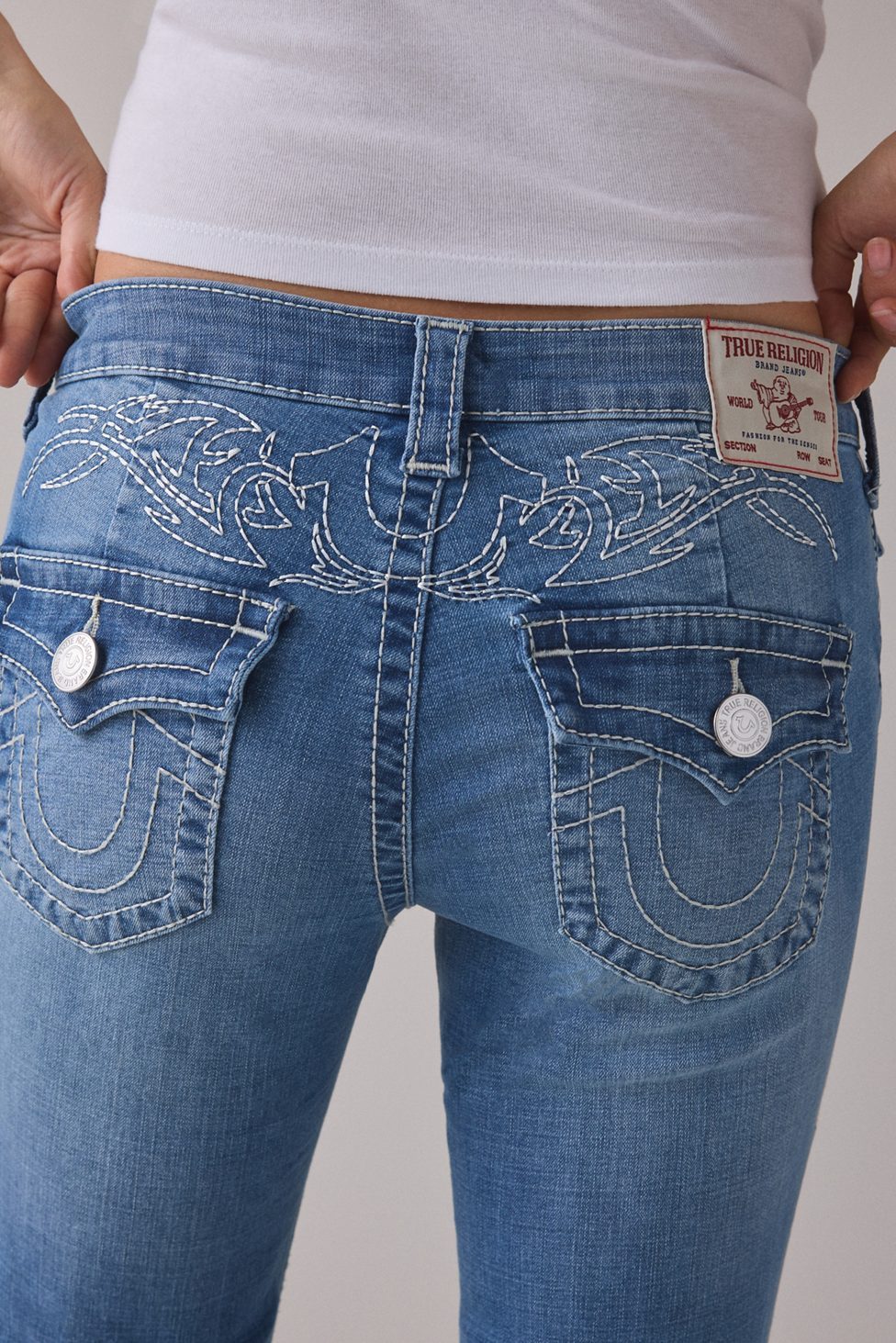 True Religion Becca Tattoo Big T Flap Mid-Rise Bootcut Jeans - Tinted Denim