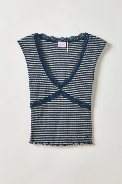Out From Under Diana Plunging Lace Trim Cap Sleeve Top - Blue Multi