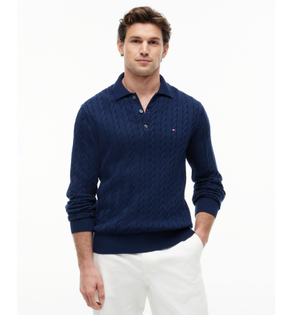 Tommy Hilfiger Men's Classic Cotton Cable-Knit Regular-Fit Sweater Polo - Navy Blue