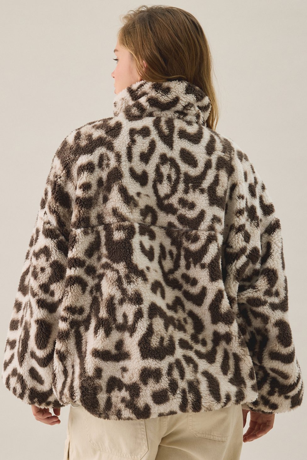 BDG Mae Printed Piled Fleece Zip-Up Jacket - Chocolate