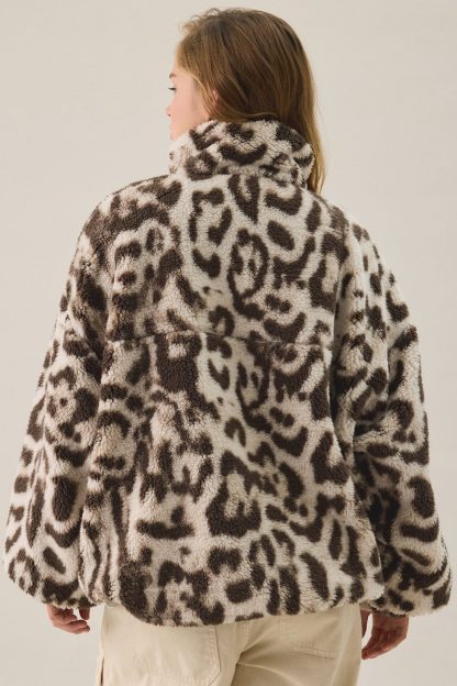BDG Mae Printed Piled Fleece Zip-Up Jacket - Chocolate