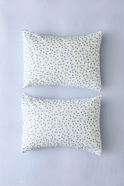 Maise Floral Patterned Reversible Sham Set - Blue Flora/Stripe