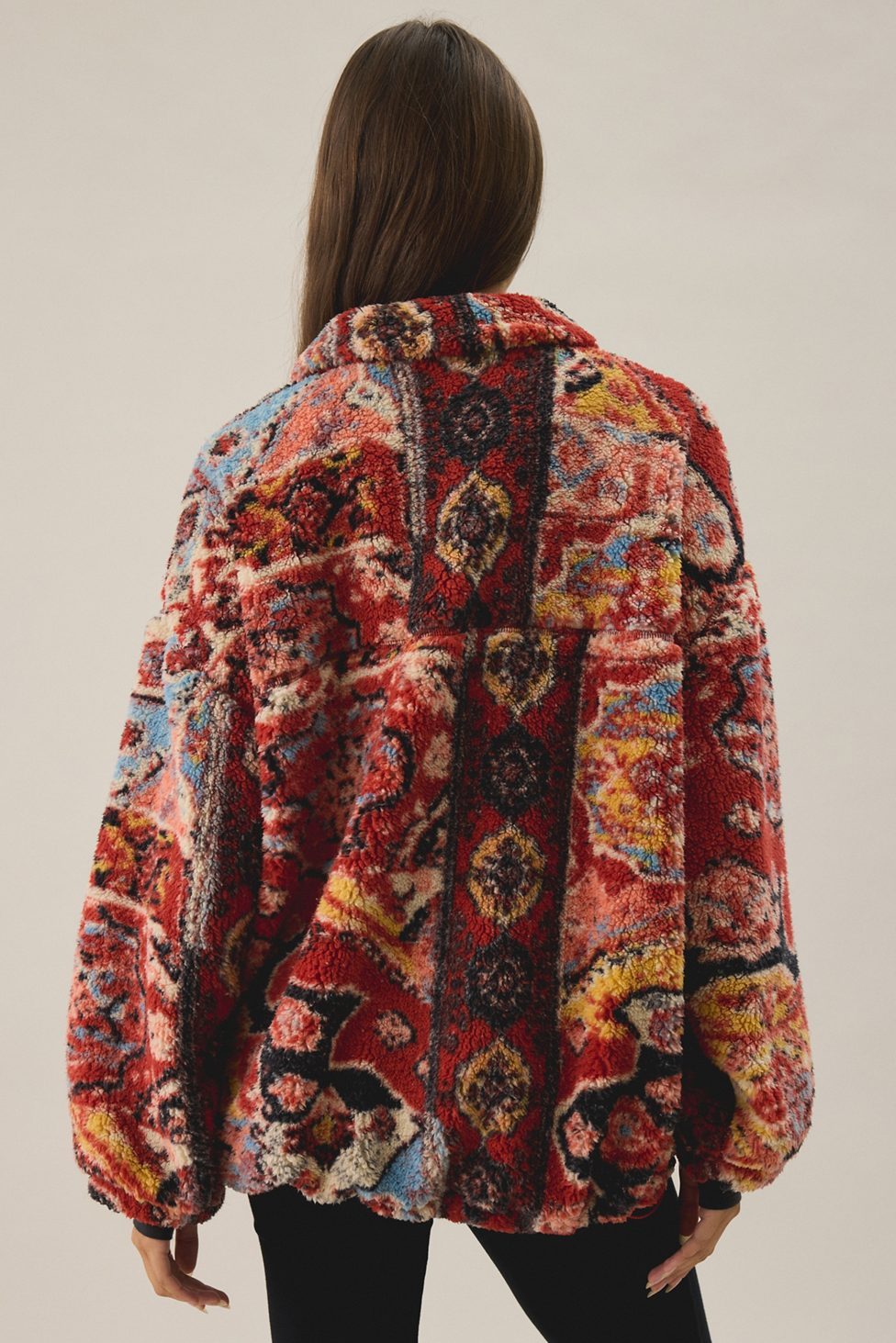 BDG Mae Printed Piled Fleece Zip-Up Jacket - Red Multi