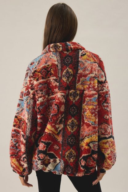 BDG Mae Printed Piled Fleece Zip-Up Jacket - Red Multi