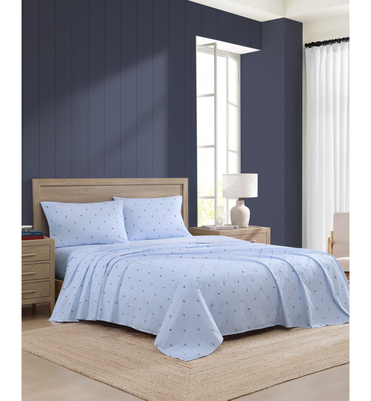 Tommy Hilfiger Printed 200-Thread Count Cotton Percale Sheet Set - Anchor, Flag Pale Blue