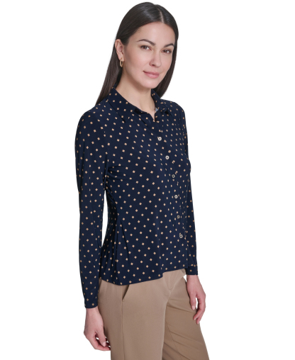 Tommy Hilfiger Women's Long-Sleeve Button Up Top - Midnight/Tobacco Brown