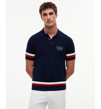 Tommy Hilfiger Men's Textured Red, White and Blue Short-Sleeve Sweater Polo - Carbon Navy