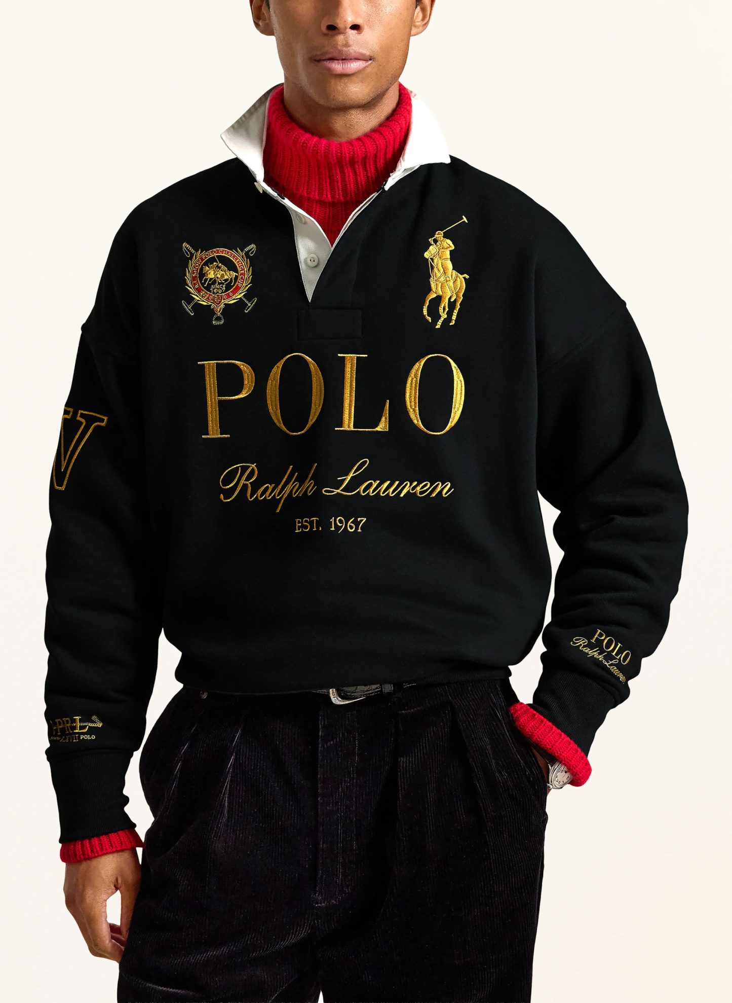 POLO RALPH LAUREN Sweat-Poloshirt – SCHWARZ / GOLD / WEISS