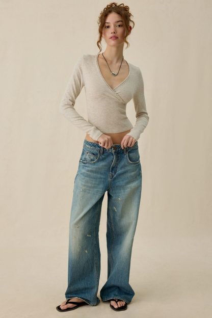 BDG Pretty Sweet Surplice V-Neck Sweater - Neutral