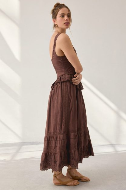 UO Perfectly Victorian Lace Trim Corset Midi Dress - Brown