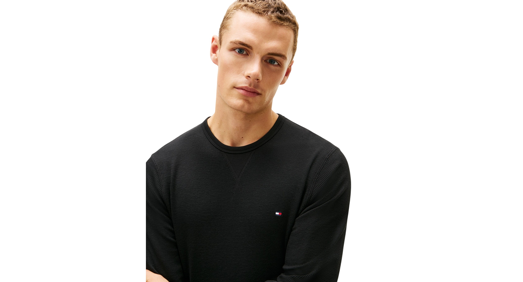 Tommy Hilfiger Men's Core Flag Long-Sleeve Crewneck Cotton Pajama T-Shirt - Black