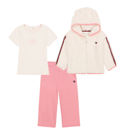 Tommy Hilfiger Baby Girls' Sherpa Full-Zip Hoodie, T-Shirt and Wide-Leg Pants, 3-Piece Set - Egret/Sea Pink