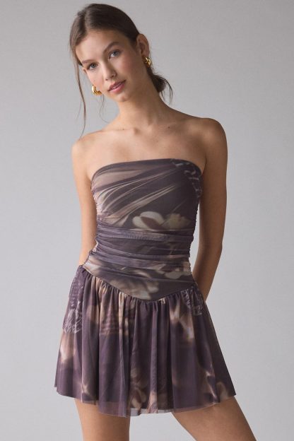 UO Modern Mesh Basque Waist Strapless Mini Dress - Brown