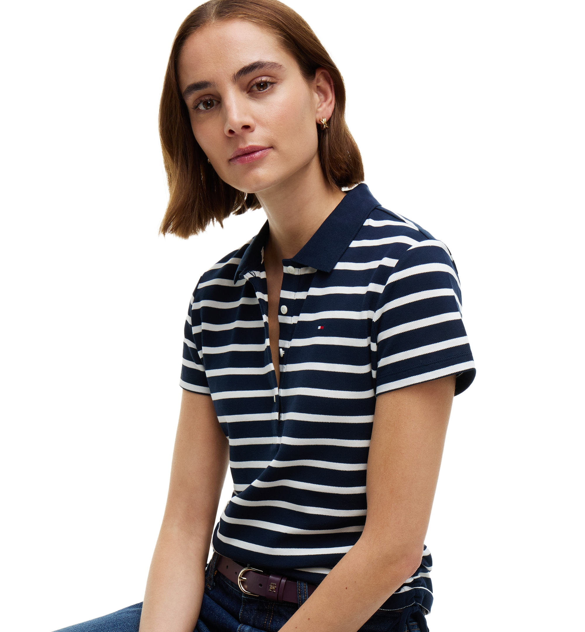 Tommy Hilfiger Women's Short-Sleeve Drawstring Polo Shirt - Breton Stp Dark Blue Ecru