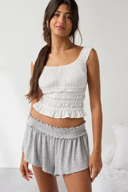 Out From Under Stay At Home Smocked Ruffle Knit Shorts - Grey