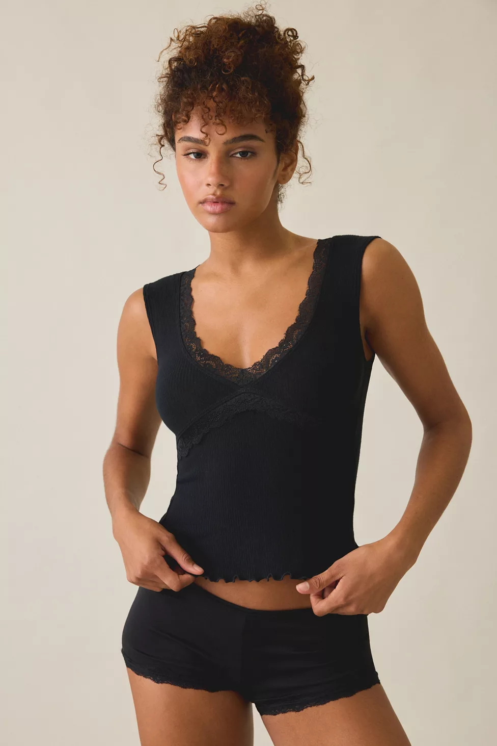 Out From Under Diana Plunging Lace Trim Cap Sleeve Top - Black