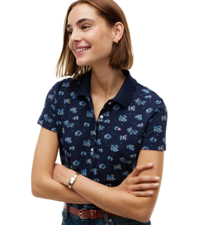 Tommy Hilfiger Women's Printed Short-Sleeve Polo Top - Traditional Floral Dark Blue