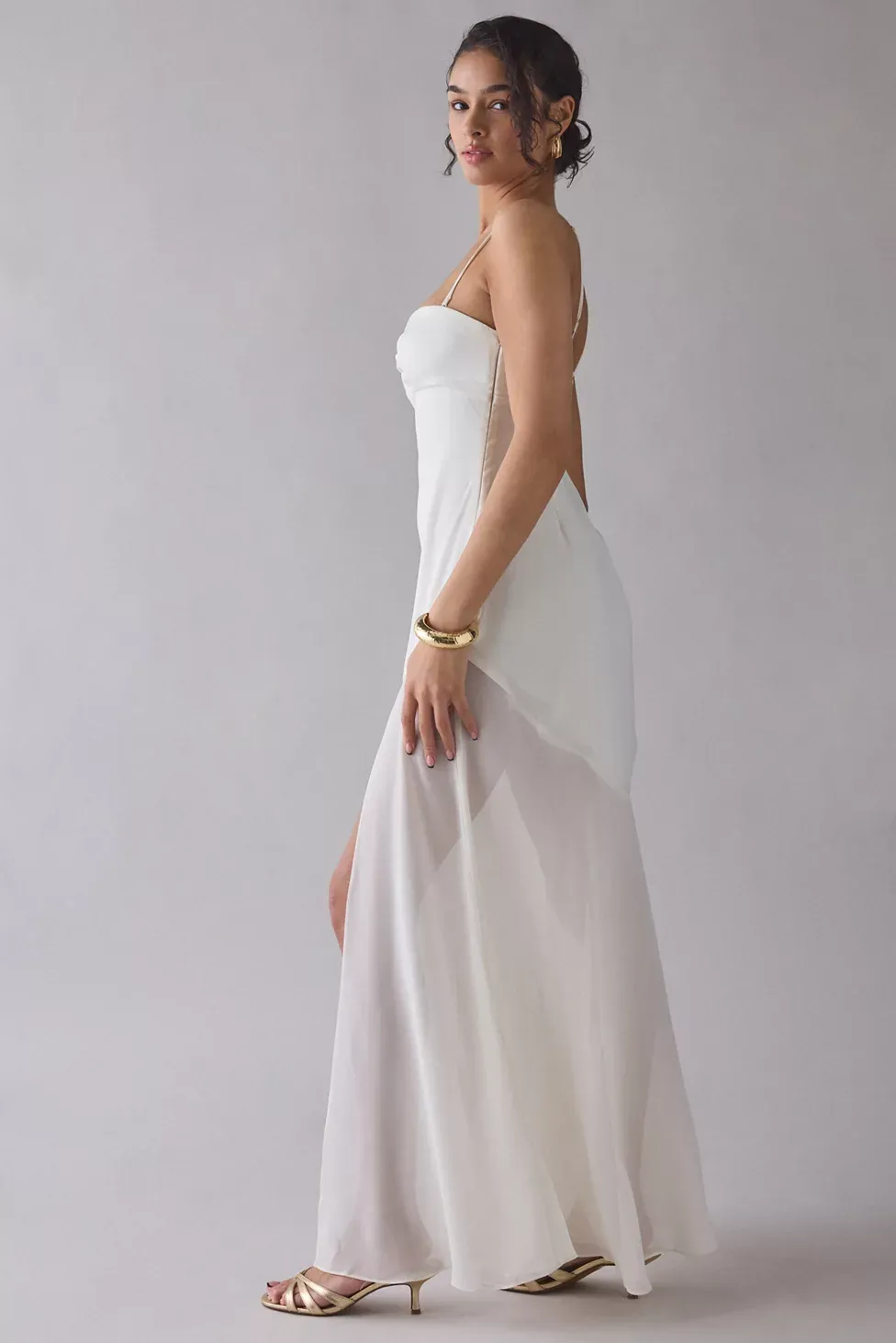 UO Sky High Sheer Illusion Asymmetric Maxi Dress - Ivory