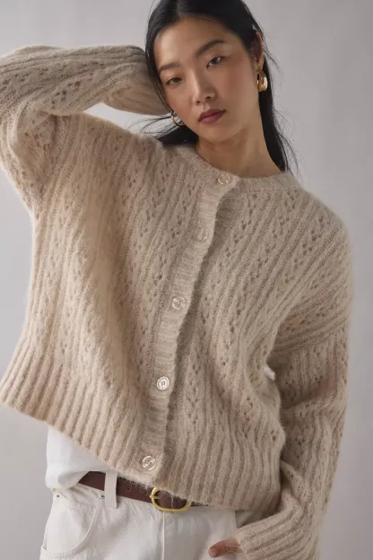 BDG Becca Brushed Pointelle Knit Oversized Cardigan - Ivory