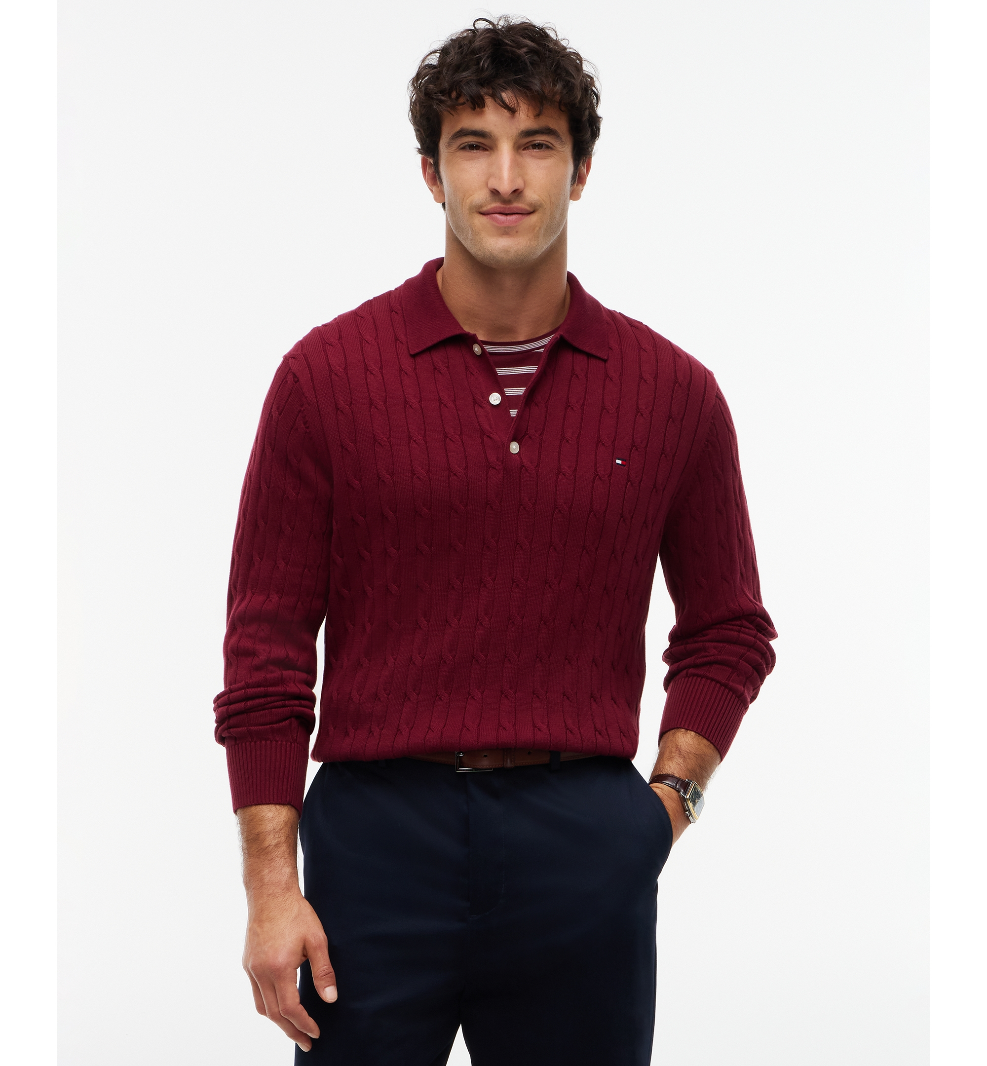 Tommy Hilfiger Men's Classic Cotton Cable-Knit Regular-Fit Sweater Polo - Burgundy