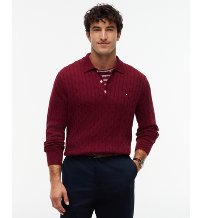 Tommy Hilfiger Men's Classic Cotton Cable-Knit Regular-Fit Sweater Polo - Burgundy