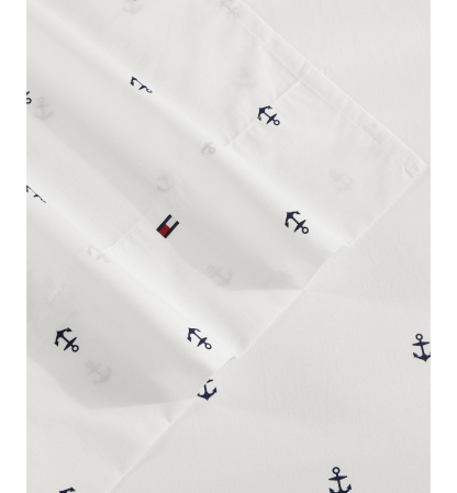 Tommy Hilfiger Printed 200-Thread Count Cotton Percale Sheet Set - Anchor, Flag Dark Blue