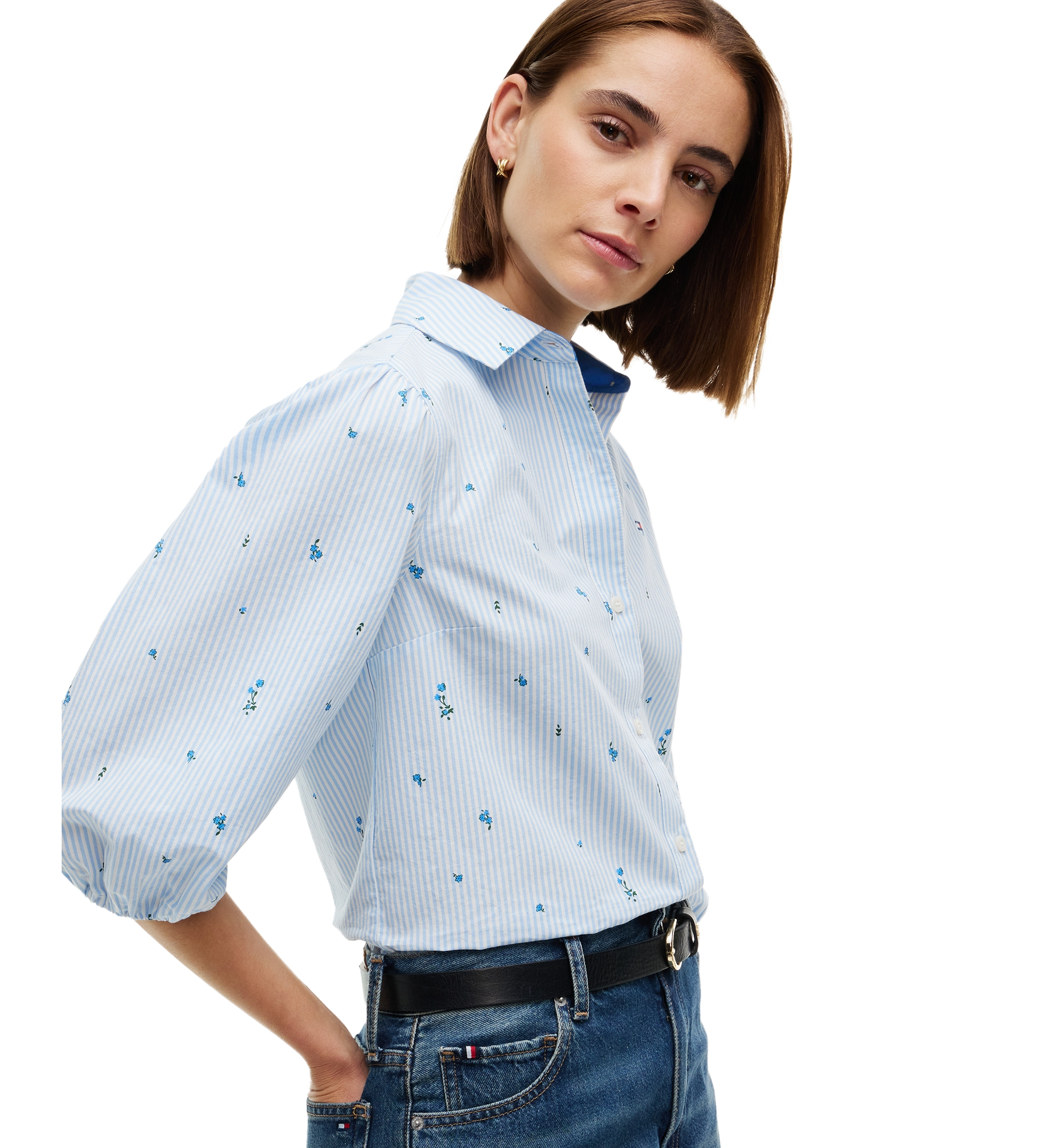 Tommy Hilfiger Women's Printed 3/4-Sleeve Shirt - Ditsy Floral Ithaca Copenhagen Blue