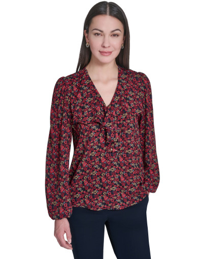 Tommy Hilfiger Women's V-Neck Ruffle Pull-On Blouse - Midnight/Charcoal