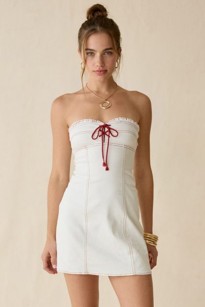BDG Surfs Up Lace-Up Strapless Denim Mini Dress - White