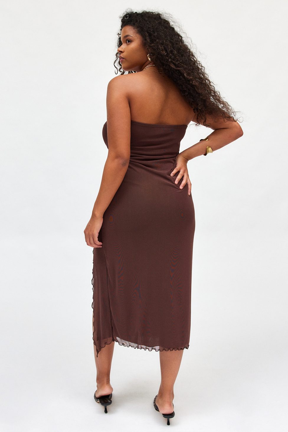 UO Samara Mesh Strapless Midi Dress - Brown