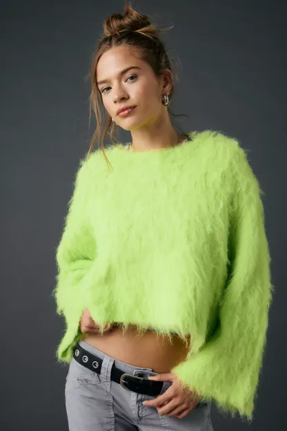 BDG Bailey Brushed Knit Oversized Pullover Sweater - Lime White