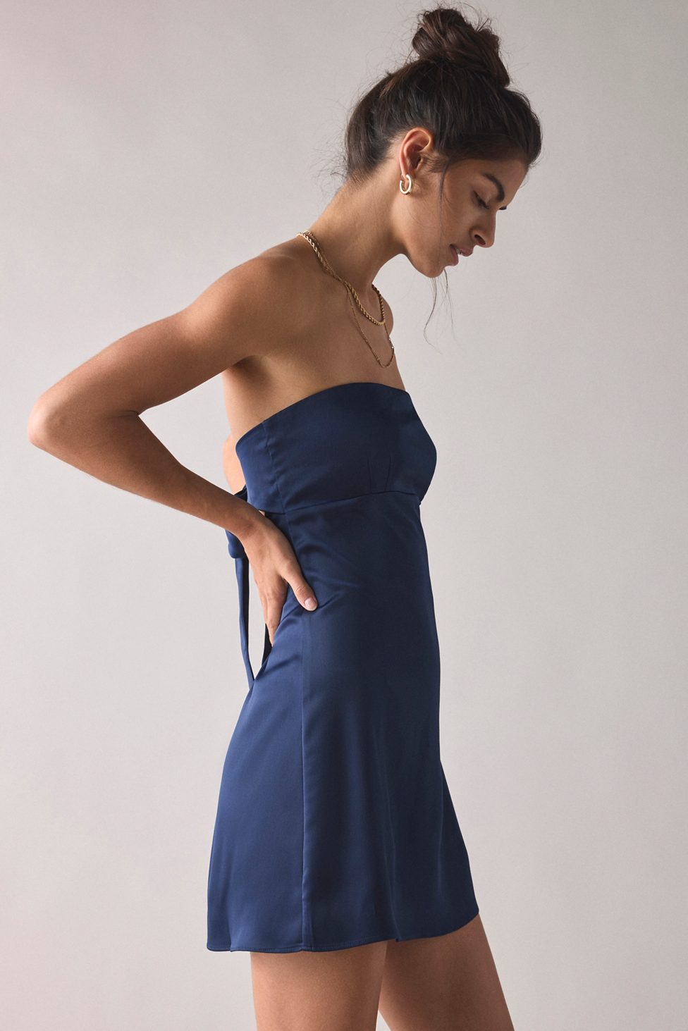 UO Mira Strapless Tie-Back Bow Satin Slip Mini Dress - Navy