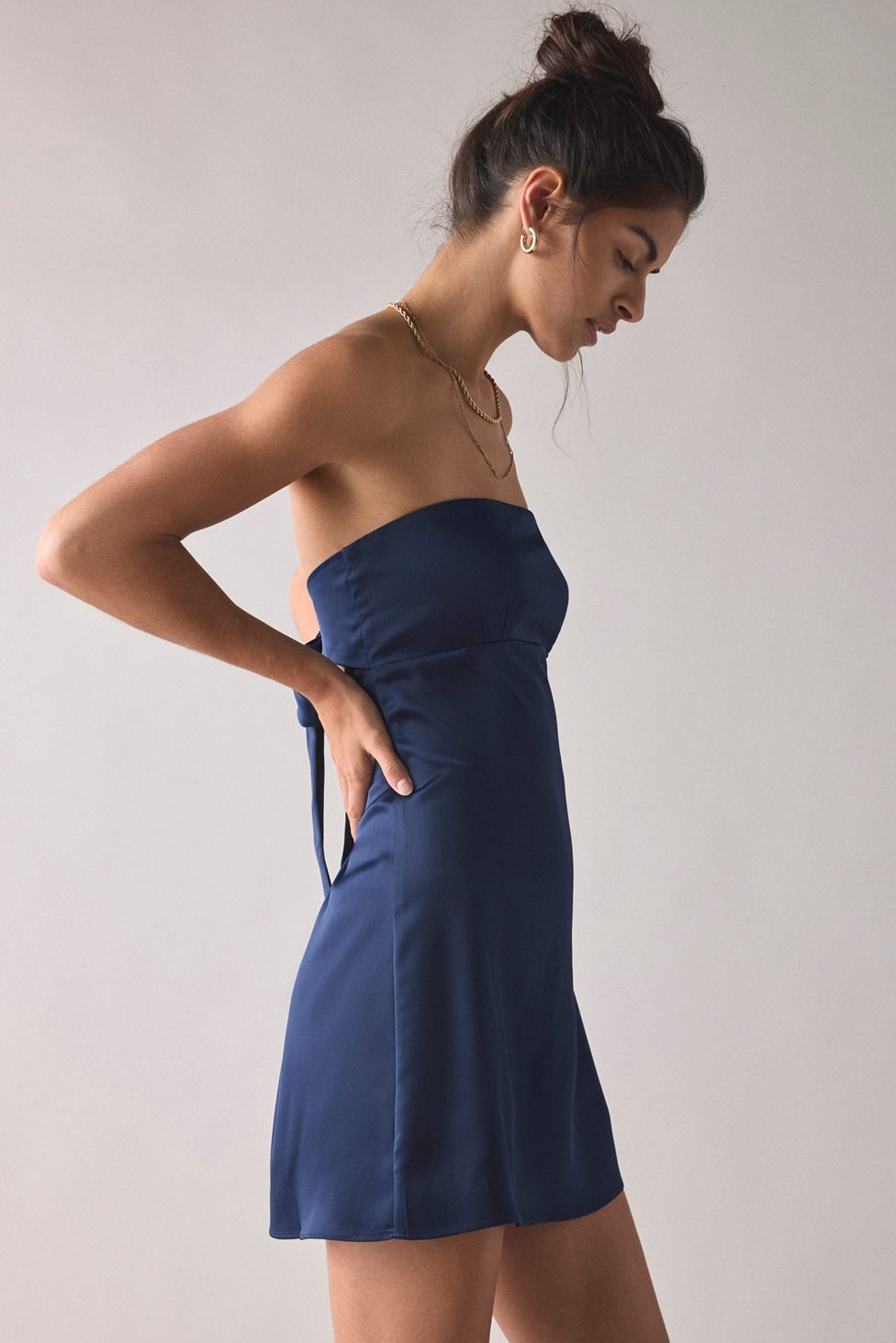 UO Mira Strapless Tie-Back Bow Satin Slip Mini Dress - Navy