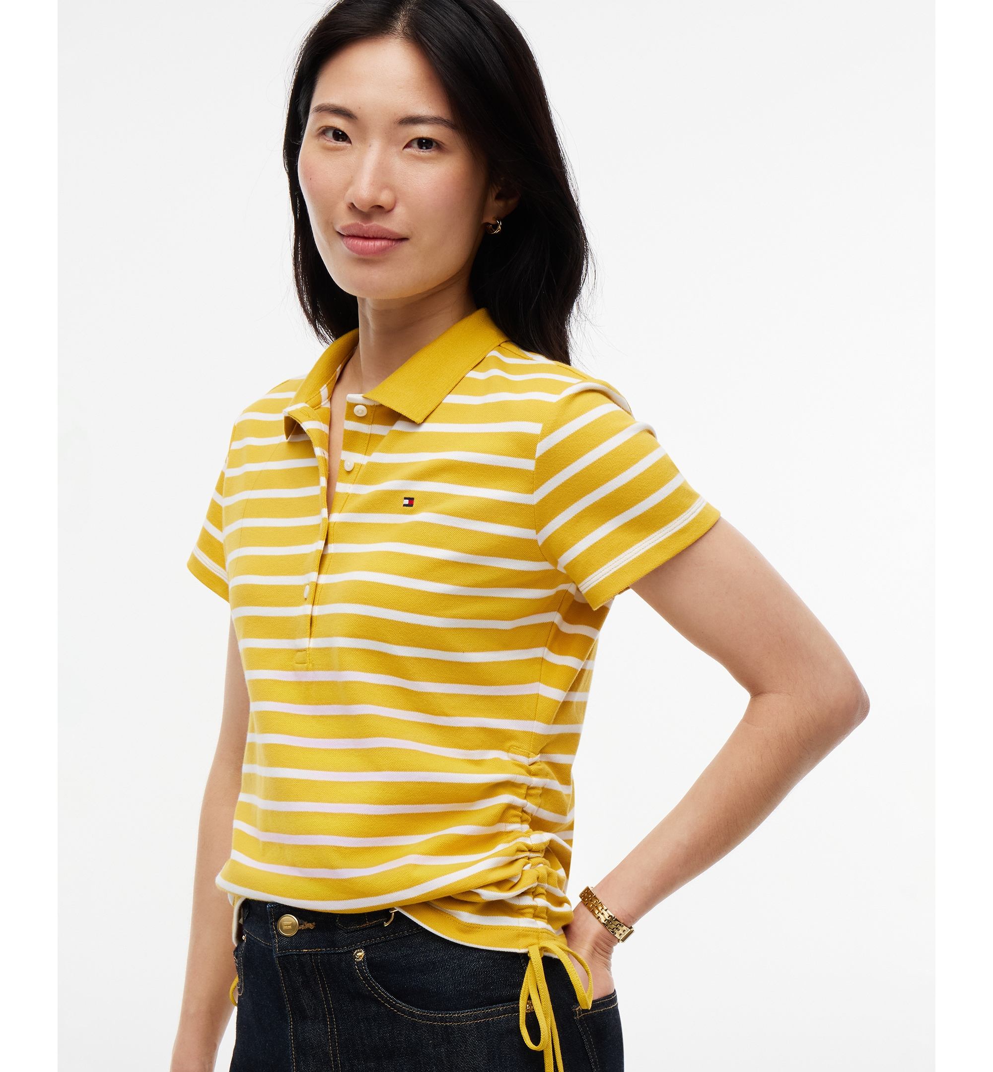 Tommy Hilfiger Women's Short-Sleeve Drawstring Polo Shirt - Breton Stp Ornamental Yellow Ecru