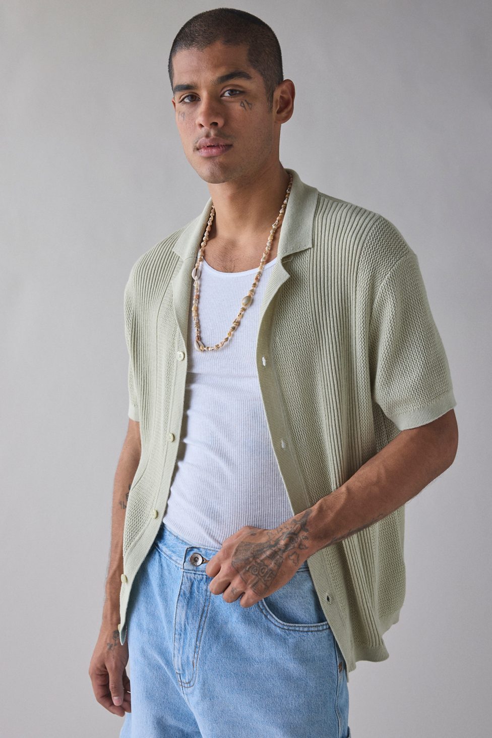UO Catamaran Camp Collar Short Sleeve Sweater - Aqua Grey