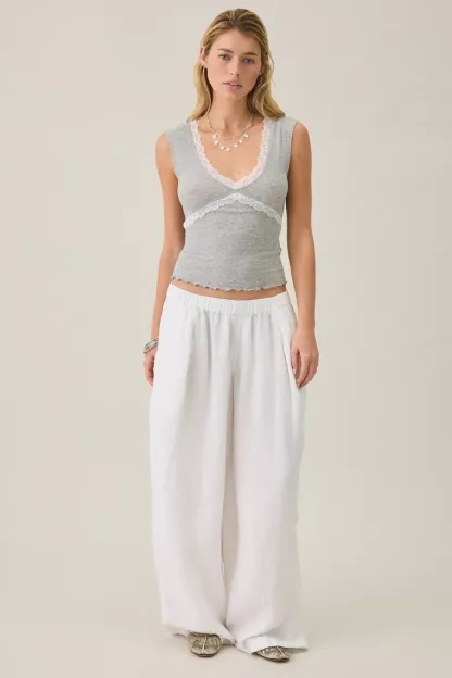 Out From Under Diana Plunging Lace Trim Cap Sleeve Top - Grey