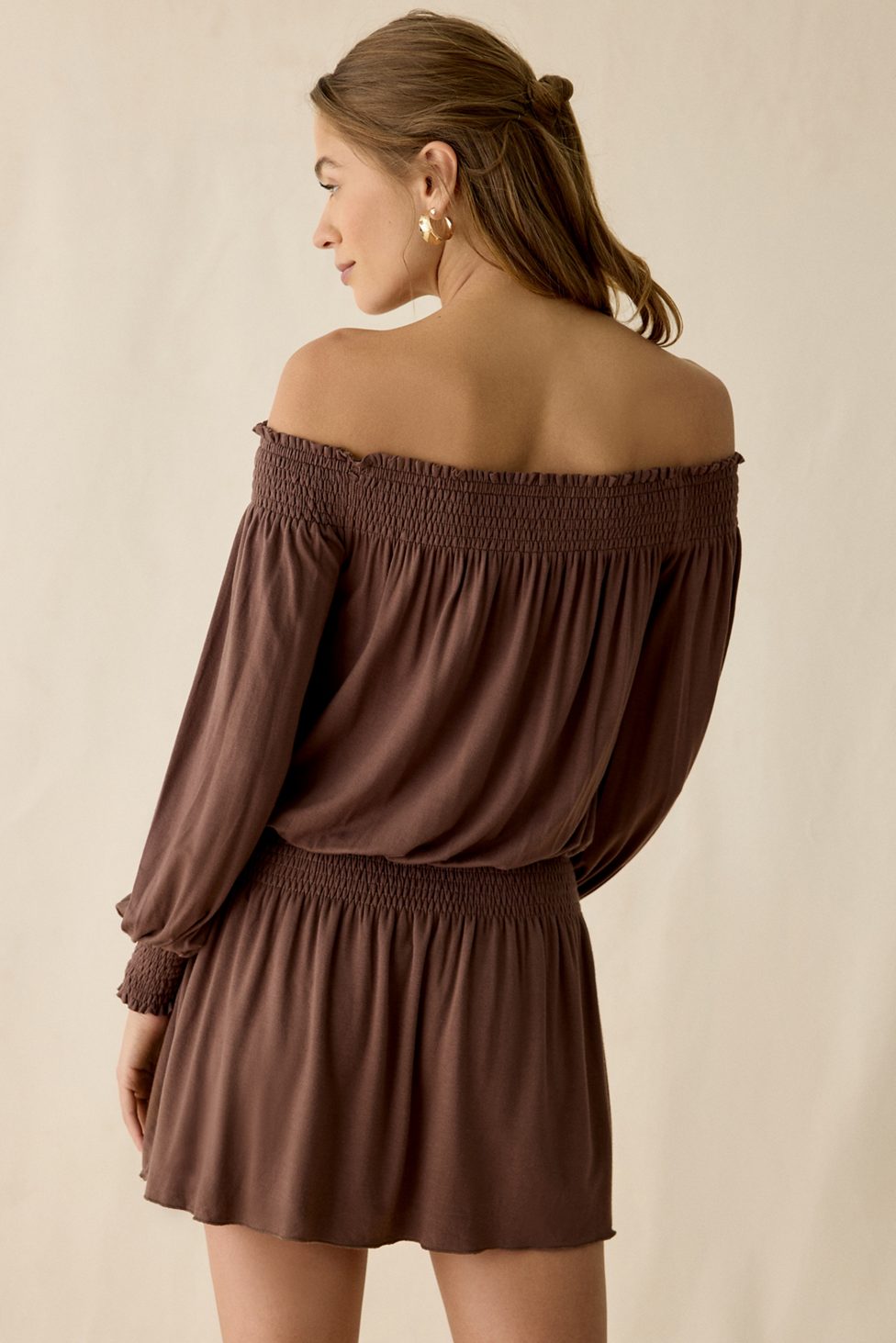 UO Night Shift Jersey Knit Off-The-Shoulder Long Sleeve Mini Dress - Brown