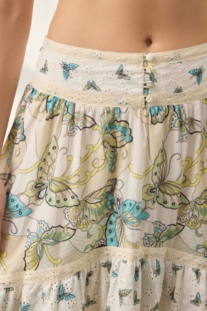 Kimchi Blue Seaside Splash Ruffle Lace Trim Midi Skirt 2-Piece Set - Ivory Combo