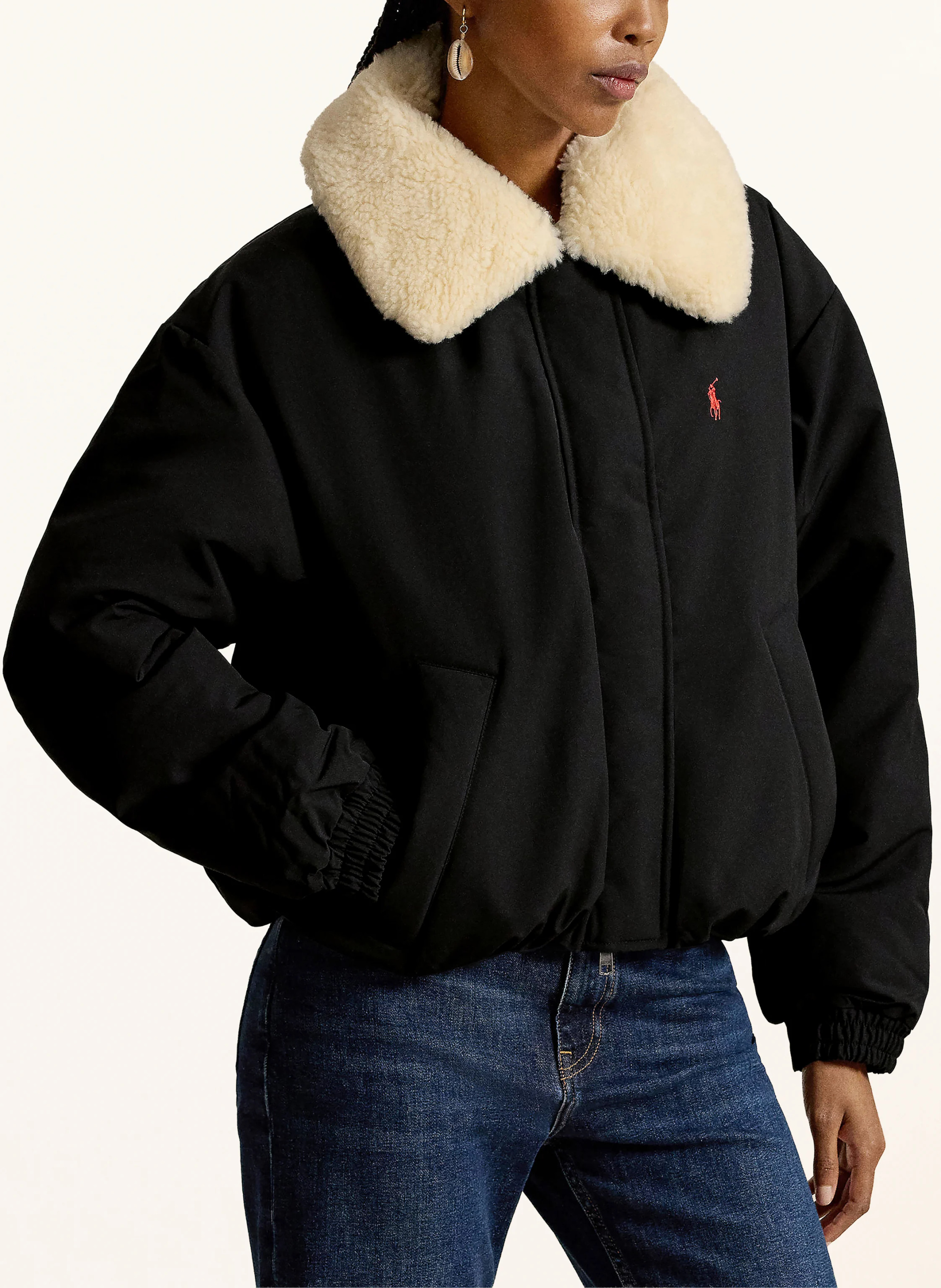 POLO RALPH LAUREN Daunenblouson mit abnehmbarem Kunstfell – SCHWARZ / CREME