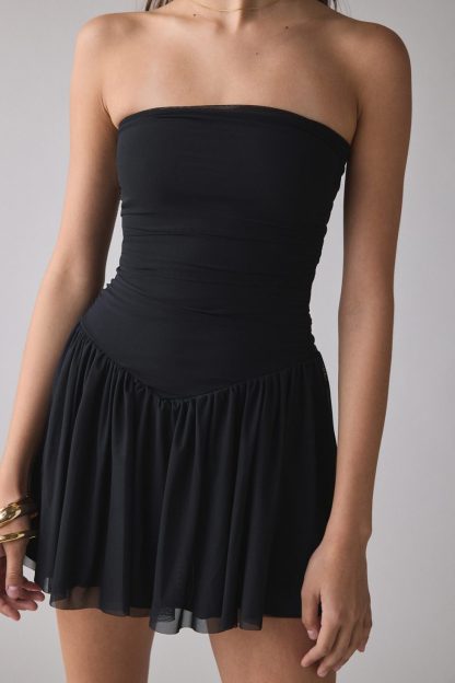UO Modern Mesh Basque Waist Strapless Mini Dress - Black
