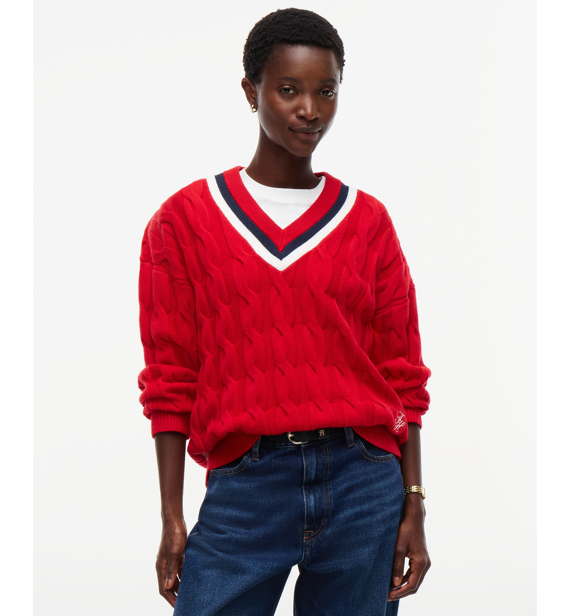 Tommy Hilfiger Women's Cricket Cable-Knit V-Neck Oversized Sweater - Red