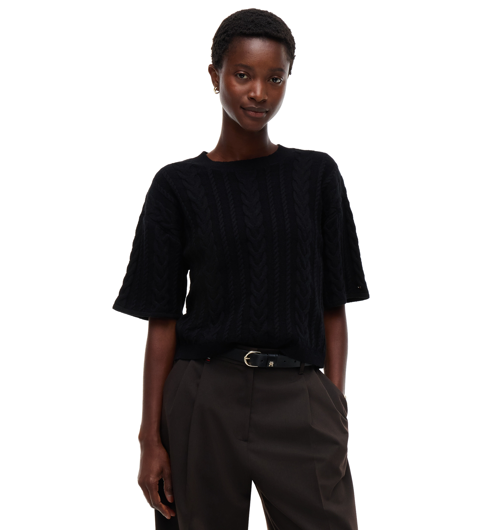 Tommy Hilfiger Women's Cable-Knit Bow Detail Crewneck Sweater - Black