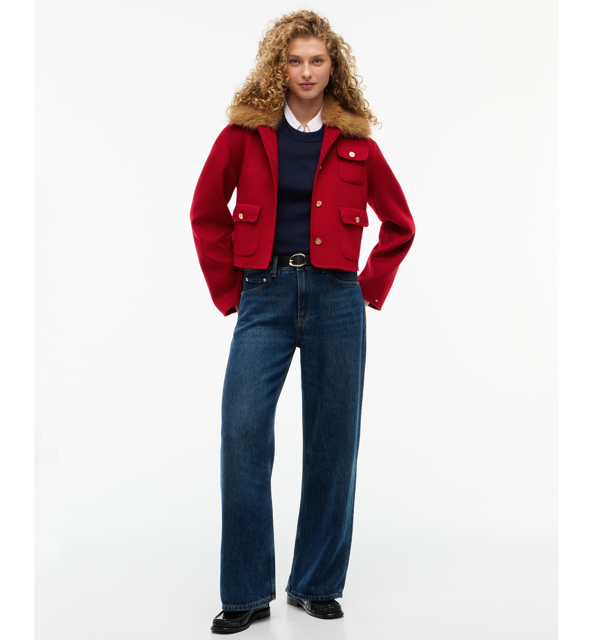 Tommy Hilfiger Women's Wool-Blend Cropped Jacket with Faux Fur - Red