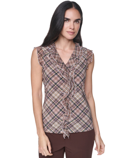 Tommy Hilfiger Women's V-Neck Plaid Ruffle Sleeveless Blouse - Whitecap Multi