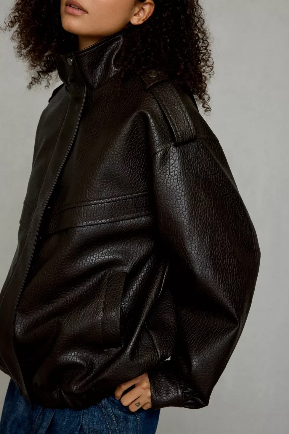 Azalea Wang UO Exclusive Narelle Oversized Faux Leather Bomber Jacket - Brown Faux Leather