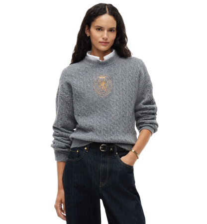 Tommy Hilfiger Women's Cable-Knit Crewneck Embroidered Crest Sweater - Medium Grey Heather