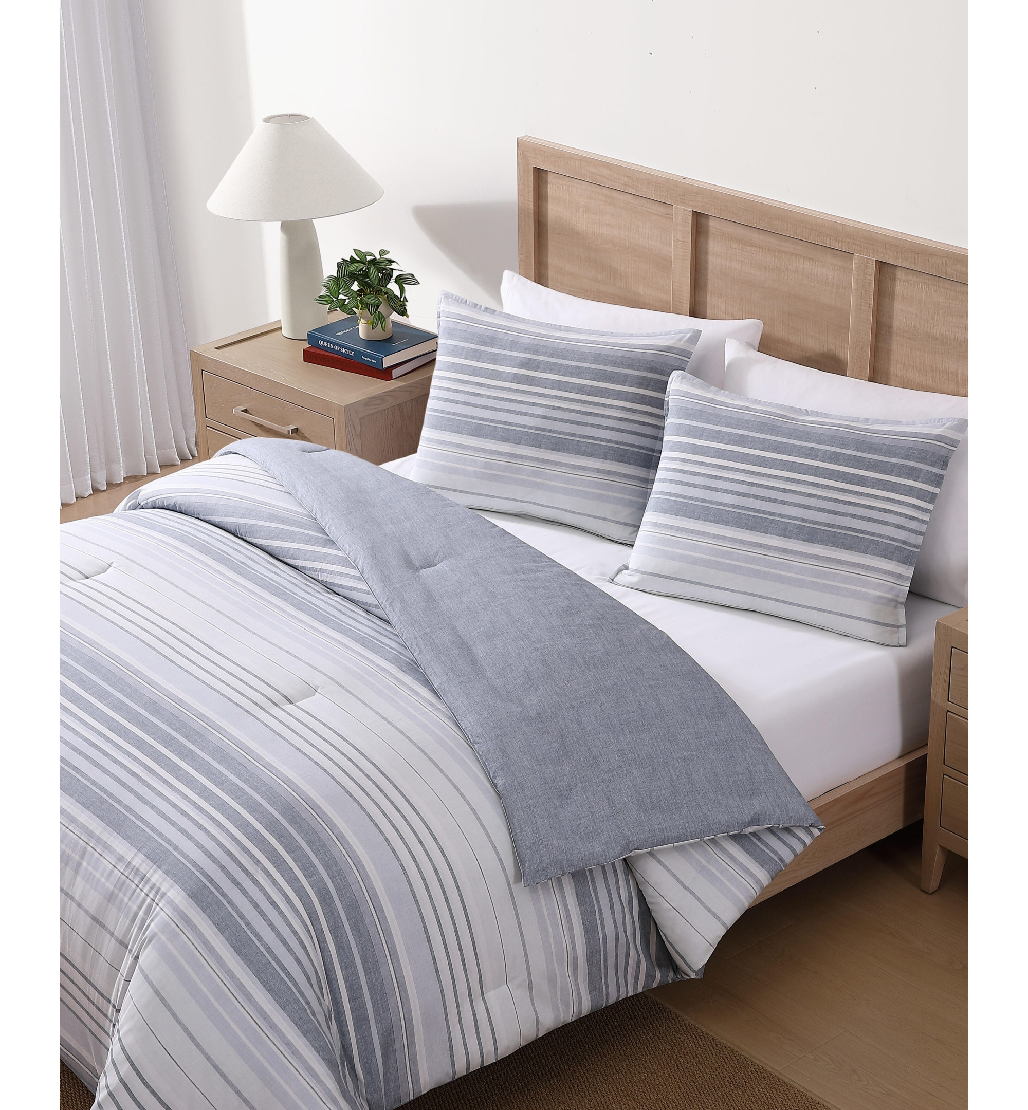 Tommy Hilfiger Bold Stripe Textured Cotton Duvet Cover Set - White, Soft Gray