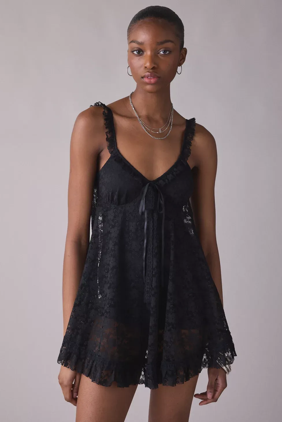 UO Primrose Lace Babydoll Romper - Black
